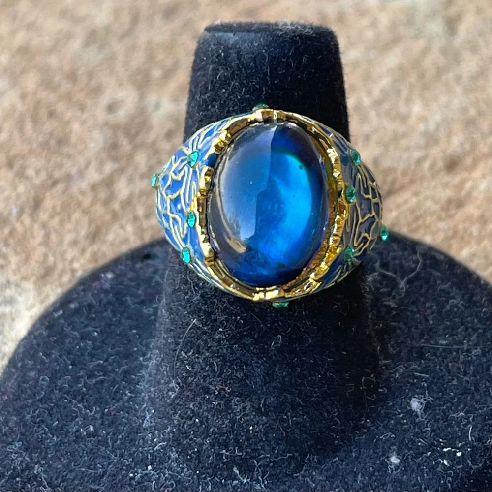 Blue fashion stone w/blue & gold enamel floral cloisonné ring w/rhinestones - Picture 4 of 7